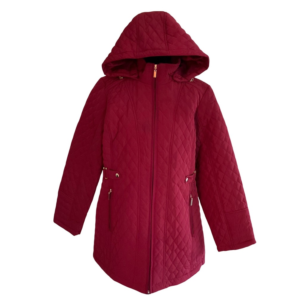 Giacca Burgundy Diamond Quilted Mid-Length Hooded Puffer Parka Jacket L Winter